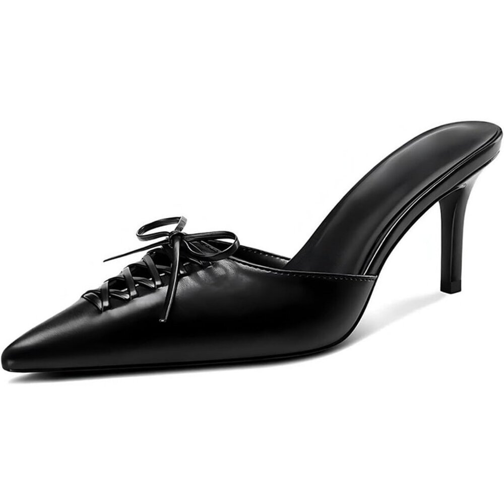 〽️Women's Black Dressy Bow Kitten Heels Studded Closed Pointed Toe Pump Shoes